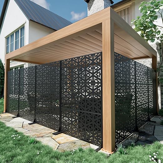 Casaphoria Metal Privacy Screen Outdoor, 72" H x 47" W Freestanding Decorative Privacy Screen for Patio Deck Balcony Garden with Stable Base, Black-Gavin