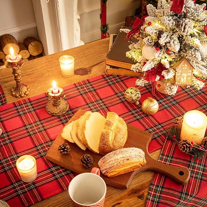 Red Green Plaid Christmas Table Runner, Winter Holiday Table Runners 36 inches Long, Xmas Decorations Indoor Outdoor Farmhouse Home Kitchen Dining Party Decor