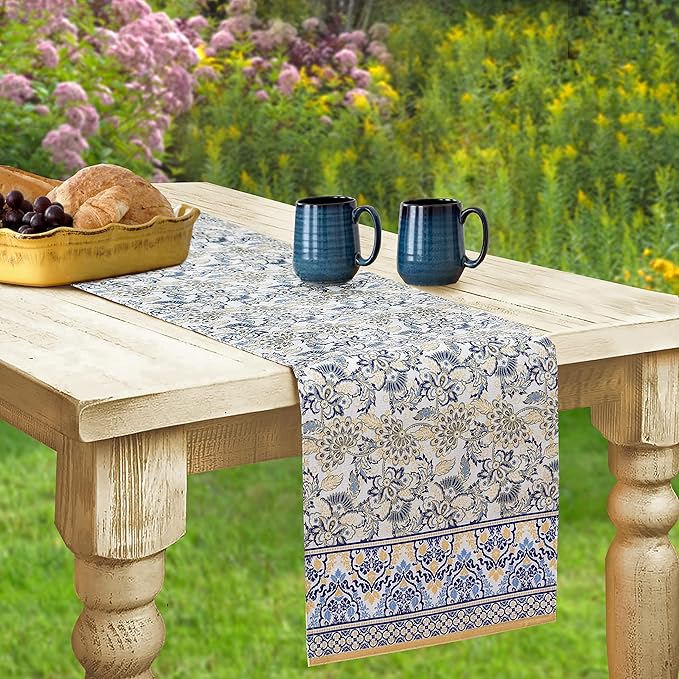 Home Bargains Plus Rectangle Fabric Table Runner, 70 Inch Long, Allure Yellow and Blue Floral Bordered Print, Indoor Outdoor Stain and Water Resistant Table Runner, Provence French Country