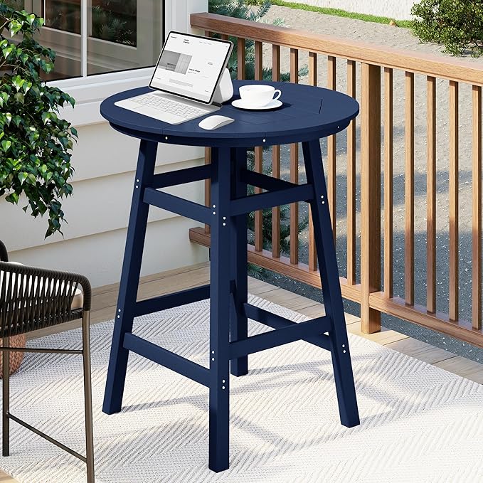 Costaelm Patio Bistro Table, 42" Counter Height Round Patio Cocktail Bar Table with Umbrella Hole, Outdoor Bistro Dining Pub Table for Front Porch Deck Backyard Garden, Navy Blue