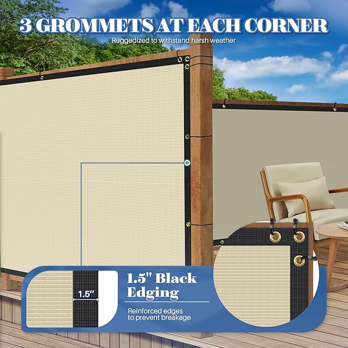 ECOOPTS 8'x175' Privacy Fence Screen Windscreen with Copper Grommets, Fit for Commercial Fence and Residential Garden Outdoor 90% UV Blockage, Cable Zip Ties Included (Beige)