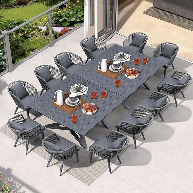PURPLE LEAF 14 Pieces Patio Dining Set Wicker Outdoor Furniture Oversize Rectangular Table and Chairs Set for Garden Deck Aluminum Frame Backyard Kitchen Set, Cushions and Pillows Included Grey