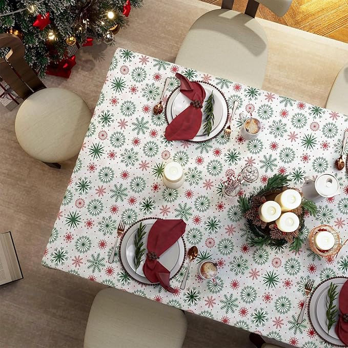 Christmas Tablecloth with Snowflake, Spillproof Waterproof Fabric Table Cloth for Dining, Parties, Holiday, Winter Table Decorations - 60''x84''