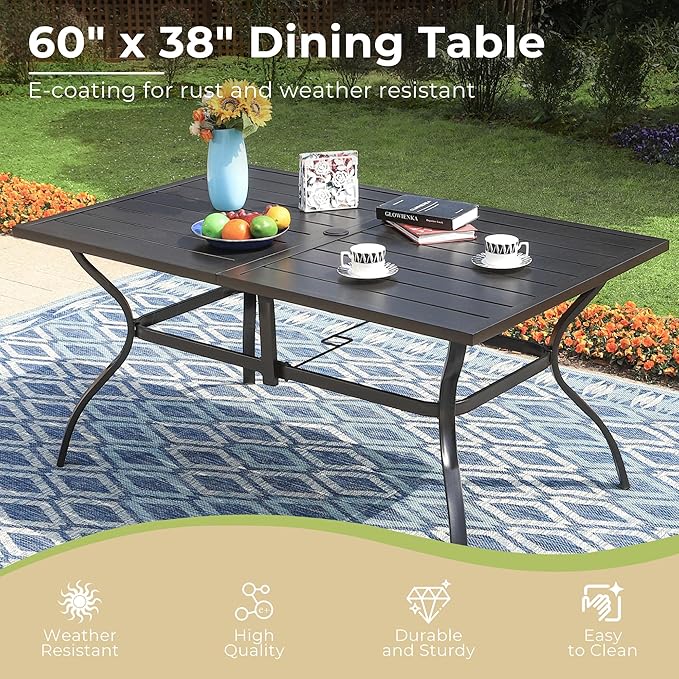 Outdoor Patio Dining Table for 6, 60" x 37" Rectangular Metal Patio Dining Table with Umbrella Hole for Garden, All Weather Wrought Iron Black Outdoor Table Backyard and Porch, Black