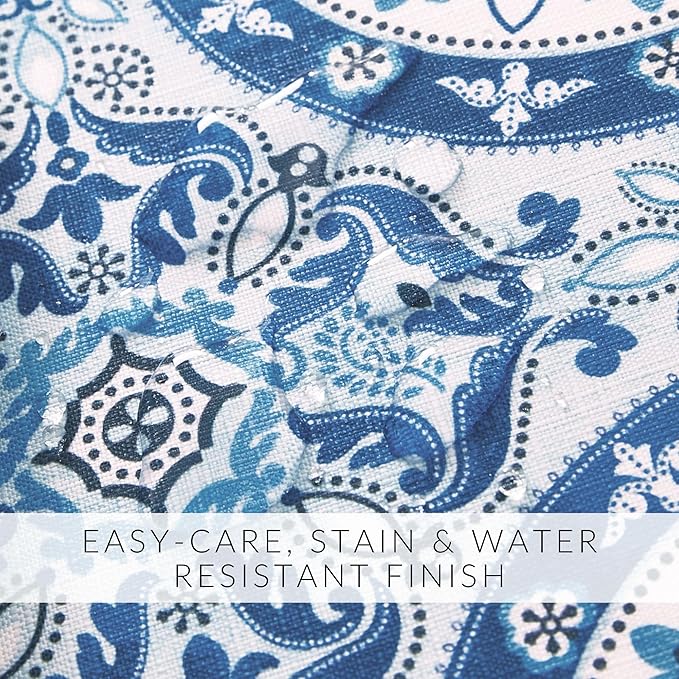 Elrene Home Fashions Vietri Medallion Blue Coastal Block Print Stain & Water Resistant Indoor/Outdoor Fabric Rectangle Tablecloth, 60"x120"