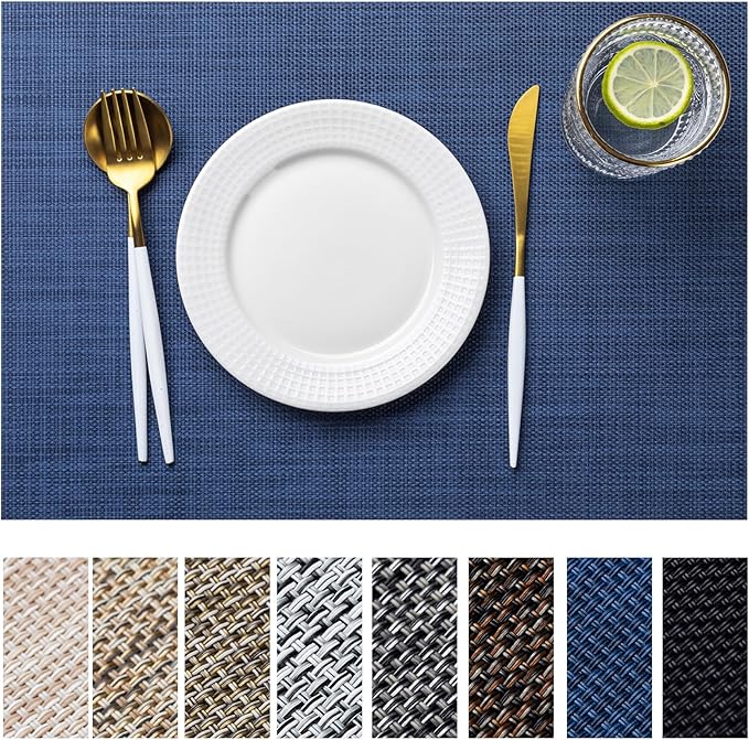 LEXMORE Placemats Set of 6 Vinyl/Plastic Woven Place Mats for Kitchen Table Indoor/Outdoor Washable Placemat Wipeable Dining Table Mats(Navy Blue)