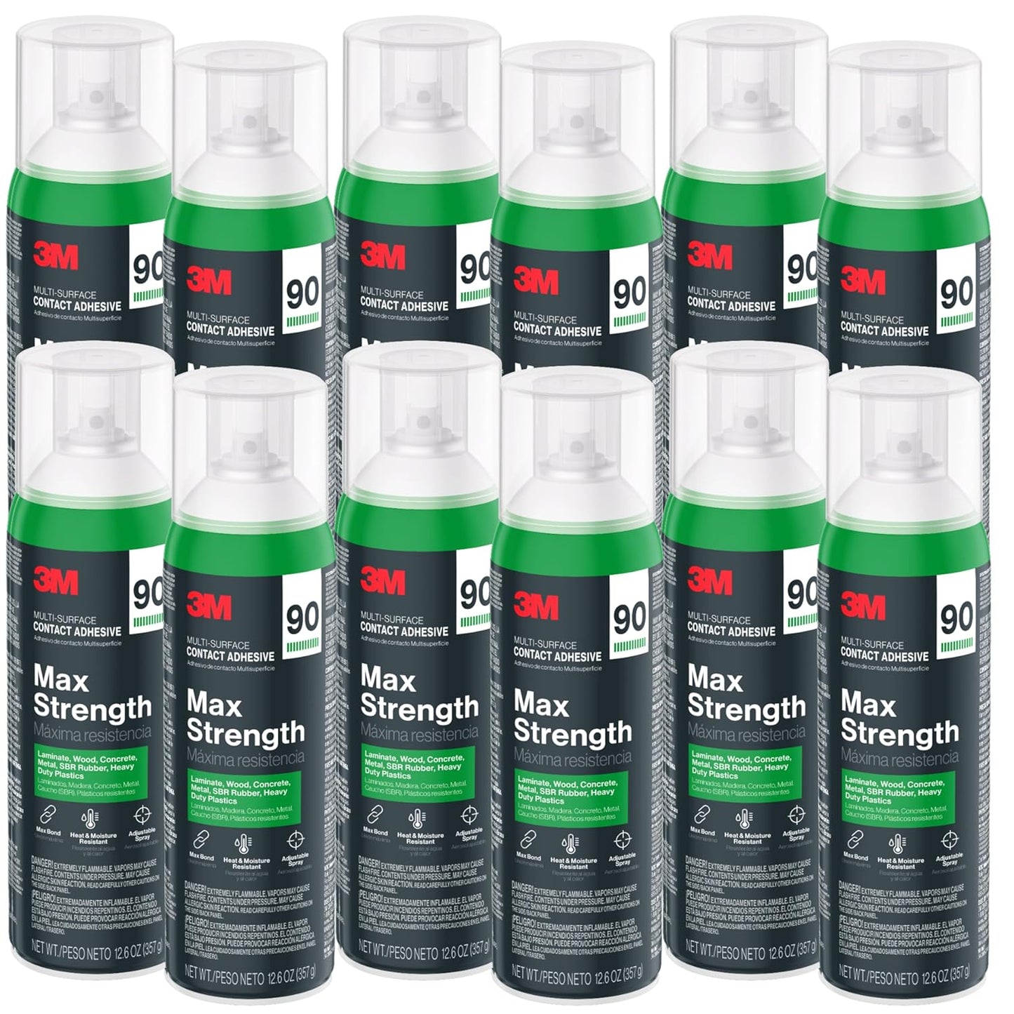 3M Max Strength 90 Contact Adhesive Spray, 12.6 oz (Pack of 12) – Low VOC Heavy Duty Glue with Adjustable Nozzle, Heat & Water Resistant Bond for Metal, Wood, Plastic, Laminate, Concrete
