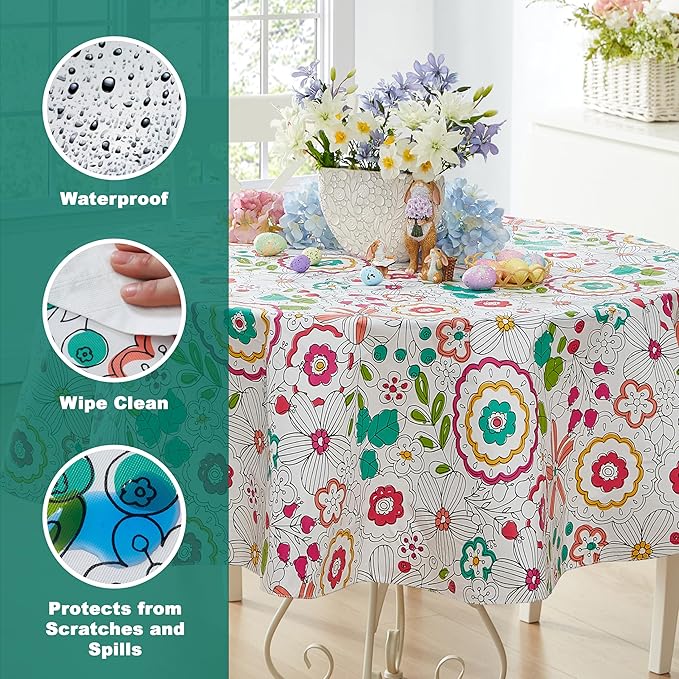 Newbridge Shabby Chic Lily Print 70 Inch Round Vinyl Flannel Backed Tablecloth, Pink Yellow and Green Lily Indoor and Outdoor Waterproof Vinyl Table Cover for Spring Holiday Party