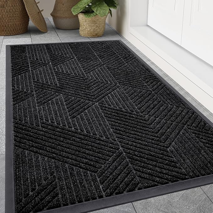 Smiry Front Door Mat Outside Entrance, Heavy Duty Sturdy Natural Rubber Doormat, Trap Dirt and Moisture, Easy Clean Low Profile Mats for Indoor Outdoor Entry, Irregular Triangle (47x24, Black)