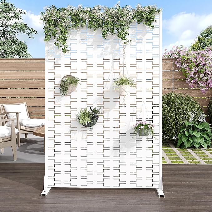 Casaphoria Metal Privacy Screen Outdoor, 72" H x 47" W Freestanding Decorative Privacy Screen for Patio Deck Balcony Garden with Stable Base, Square White