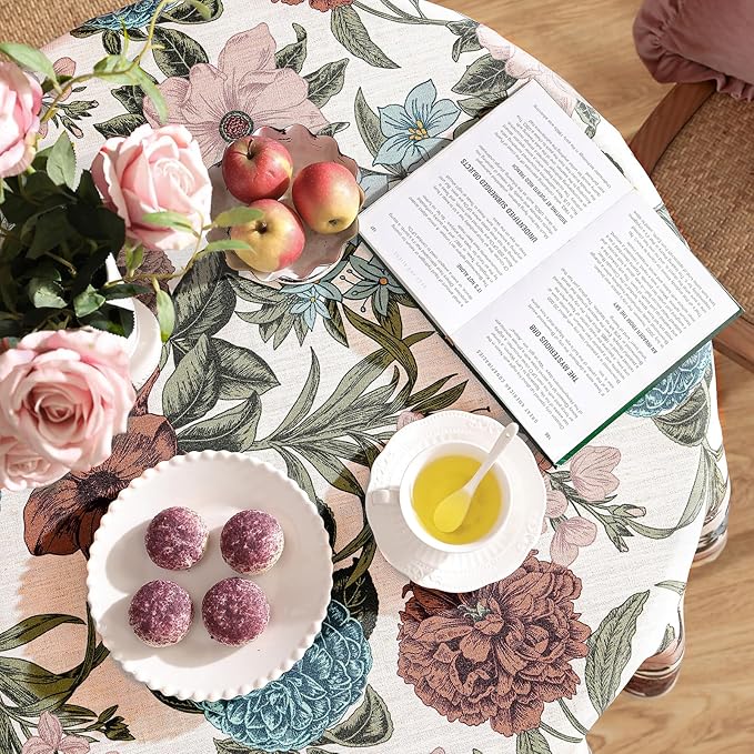 Designer French Linen Tablecloth for Round Table,Red and Blue Floral Rustic Durable Tablecloths,Decor Table Cover for Kitchen,Dining,Thanksgiving,Farmhouse,Diameter 67"-Burgundyred
