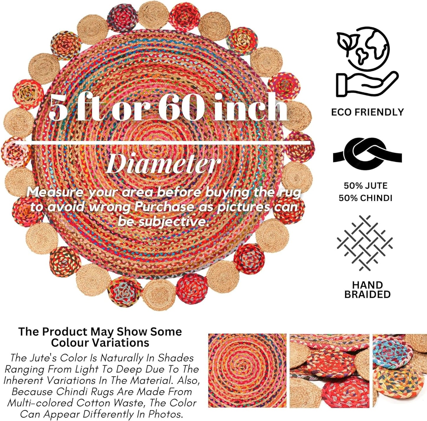 5' Round Handwoven Jute Chindi Area Rug - Colorful Boho Rugs for Living Room - Hand Braided Multicolor Bohemian Rug for Farmhouse, Bedroom, Dining Room, Classroom, Hallway, Kitchen, Office