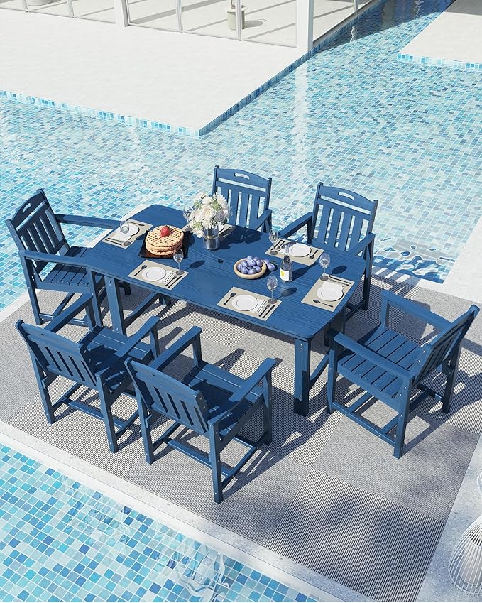 Ciokea HDPE Outdoor Dining Set, 7-Piece Patio Table and Chairs Set with Umbrella Hole, All-Weather Patio Dining Sets for 6, Durable Patio Furniture for Backyard, Garden, Lawn & Poolside, Navy Blue