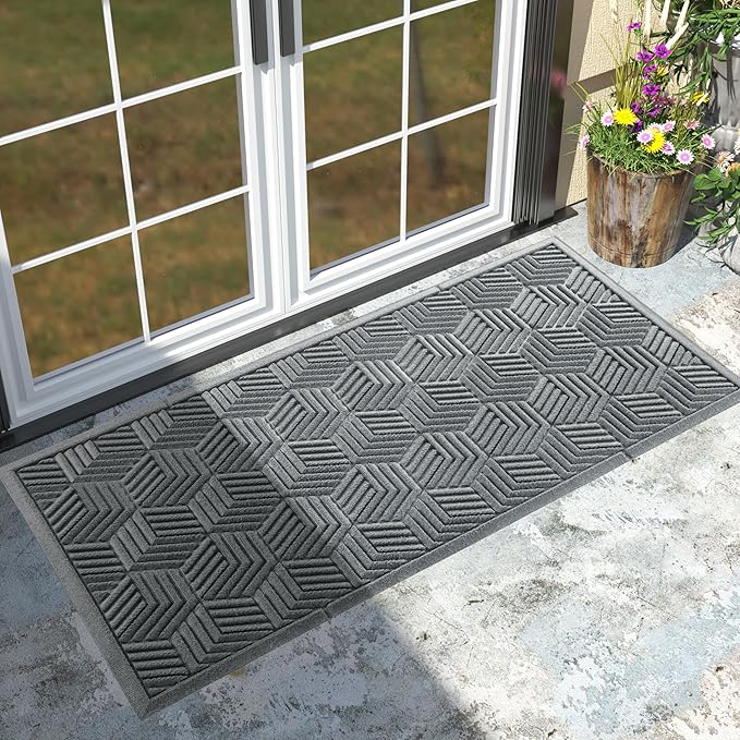 Yimobra Large Door Mat 47x24, All-Season Waterproof Outdoor Mats for Front Door Entrance with Drainage Holes, Heavy Duty Non-Slip Doormat for Garage Patio Entryway Indoor, Black Gray