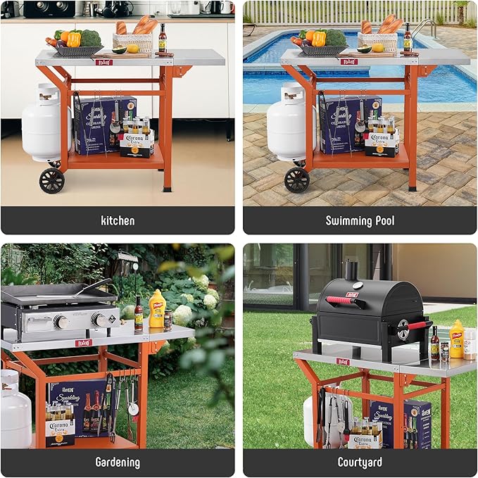 Movable Grill Table with Folding Side Table, Pizza Oven Table as BBQ Food Prep Cart with Undershelf for Outdoor & Indoor Use, 43" L x 20" W Stainless Steel Tabletop, Orange
