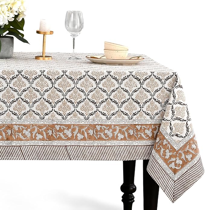 CPC Sandstone Regal Tablecloth 100% Cotton 60x60 Inch Indian Block Print Rectangle Table Cover, Table Cloth for Gifting in Weddings, Halloween, Fall, Christmas, Thanksgiving