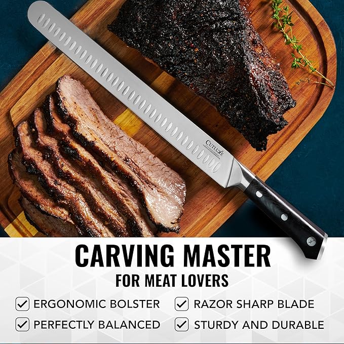 Cutluxe Brisket Knife – 12" Carving & Slicing Knife for Meat & BBQ – Razor Sharp German Steel, Sheath Included, Ergonomic Full Tang Handle Design, Grilling Gifts for Men – Artisan Series