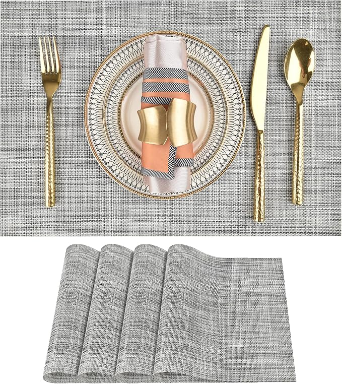 SLKQG Gray Placemats Set of 4 - Easy Clean Washable Vinyl Placemats - Wipeable Heat Resistant Table Mats for Dining Table - 17.7x11.8 Inch (4, Gray Black White)