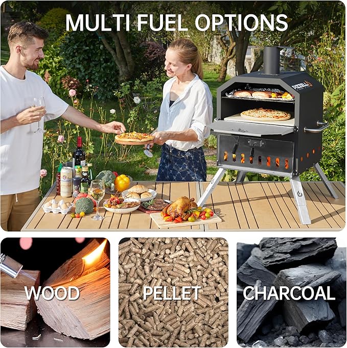 PIZZELLO Pizzello Outdoor Pizza Oven 16'' Large Wood Fired 2-Layer Pizza Ovens with Pizza Stone, Pizza Peel, Grill Grate, Oven Cover, Outside Pizza Maker for Camping Backyard BBQ, Pizzello Grande 16