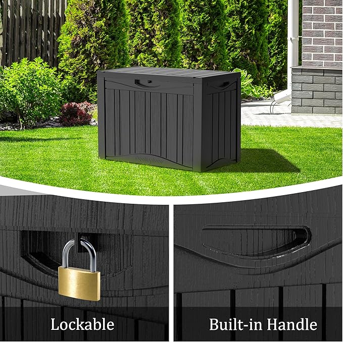 50 Gallon Plus Resin Deck Box, Waterproof Outdoor Storage Box for Patio, Poolside, and Garden, Lockable UV-Resistant Storage Bin Bench Cabinet for Small Spaces, Black