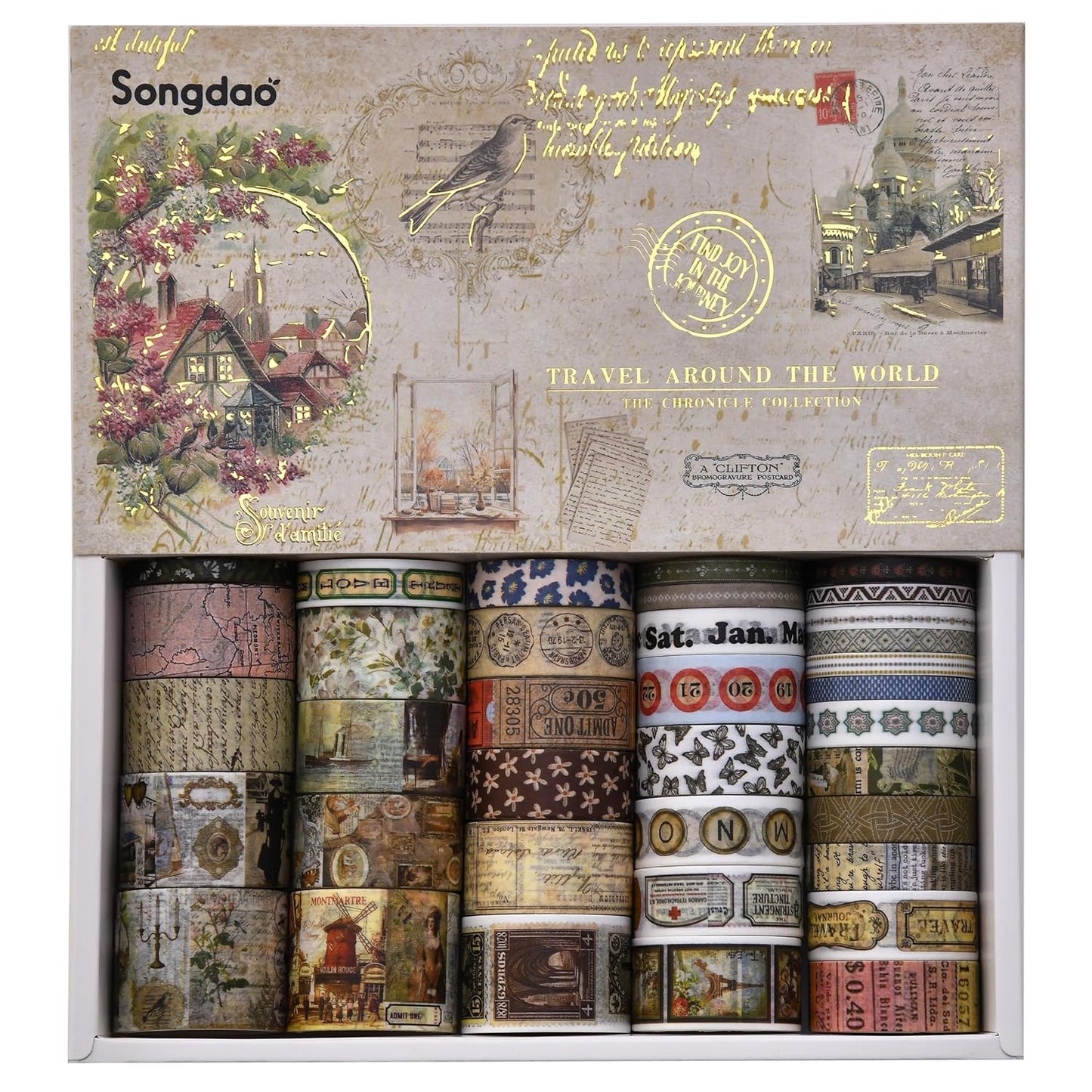 36 Rolls Vintage Washi Tape Pack Retro Arts Adhesive Tapes Wide Chronicle Decorative Masking Tape Sets for Craft, Kids, Scrapbook, DIY, Gift Wrapping (Globetrotting)