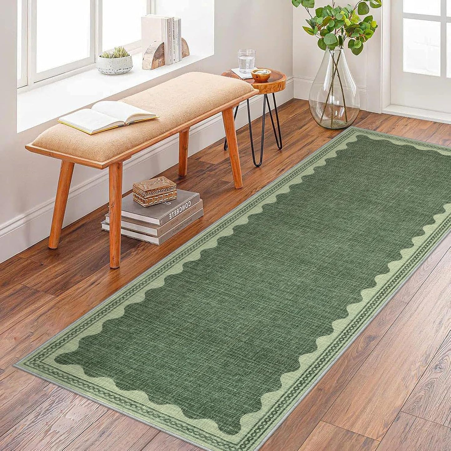 Scalloped Rug 2x6 Runners for Hallways, Solid Green Runner Rugs Non Slip Scalloped Bath Runner, Washable Rug for Bedroom Girls, Mat for Kitchen Floor Soft Dorm Nursery Carpet for Bedside
