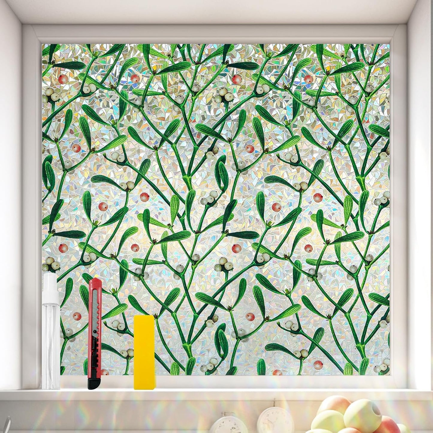 Window Privacy Film Stain Glass Window Film Rainbow Window Film Window clings Non-Adhesive Reusable Decorative for Room (Mistletoe Rainbow, 45.27 x 157.4 in)
