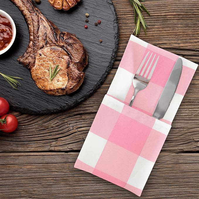 Buffalo Plaid Table Napkins Set of 25 Checkered Cloth Napkins 17x17 inch Washable Dinner Gingham Pattern Napkins Soft Napkins for Wedding Party Dining Banquet(Pink and White)