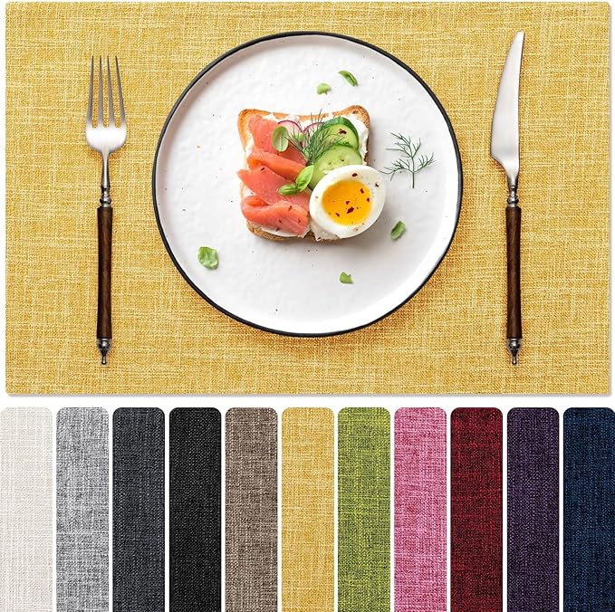Blue Forest Placemats Set of 8, Dual-Layered Thickened Faux Linen Cloth Place Mats Heat Resistant Machine Washable Wrinkle Free Table Mats Indoor/Outdoor (Yellow)