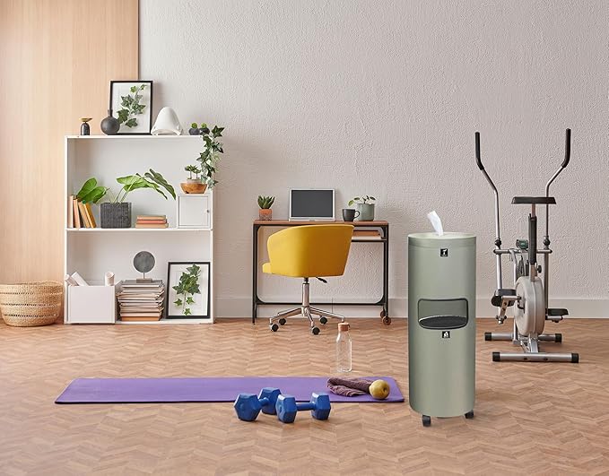 Zahari Home Stainless Steel Floor Stand Wipe Dispenser with Built-in Trash Can. Perfect for Gyms, Schools, Offices. Easy to Move with 360 Rotatable Wheels, Nickel