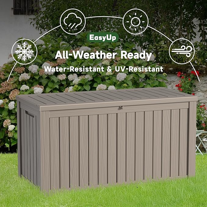 EasyUp 180 Gallon Outdoor Storage Box Waterproof, UV Resistant Resin Deck Box with Hydraulic Rod, Reinforced Stability for Patio, Garden, and Pool, Striped Gray