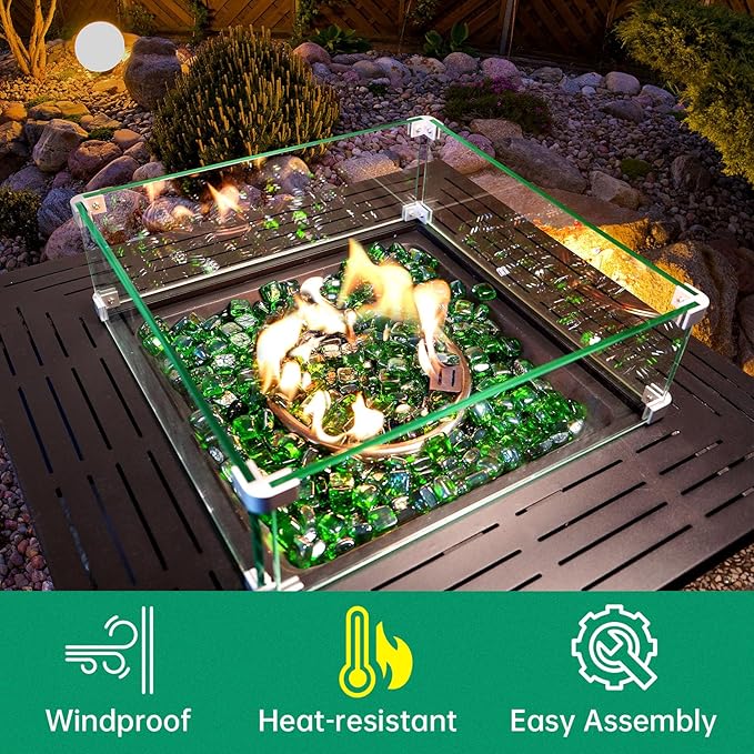 Fire Pit Wind Guard, 15" x 15" Square Tempered Glass Wind Shield for Firepit & Fire Table, Thick Glass and Easy Installation with Included Tools, Airflow Management for Stable Flame