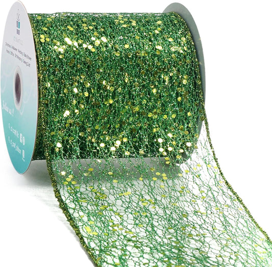 CT CRAFT LLC Sparkling Glitter Mesh Wired Ribbon 4" x 10 Yards Green for Christmas Home Decor Bow Gift Wrapping DIY Crafts Wreath