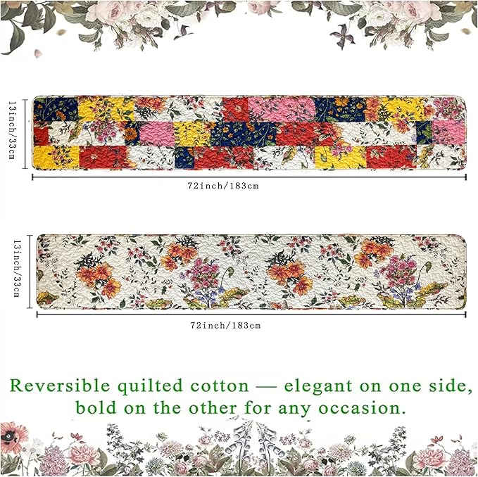 Cotton Quilted Floral Patchwork Table Runner 72 Inches Long – Handmade Farmhouse Table Runner for Dining Room, Coffee Table, or Buffet (Floral, 13*74)