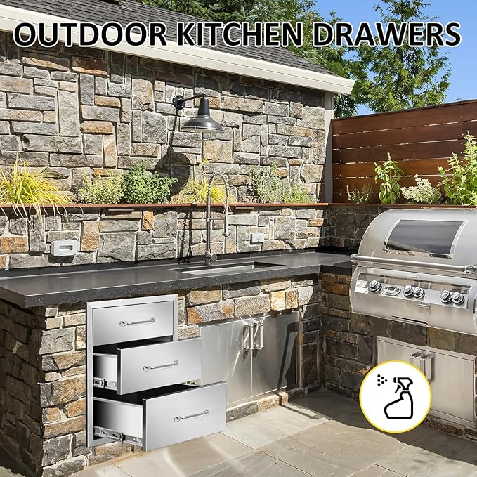 Outdoor Kitchen Drawers 18" W x 21" H x 21" D Flush Mount Triple BBQ Drawers with Chrome Handle Stainless Steel Drawer for Outdoor Kitchen Island, Patio Grill Station