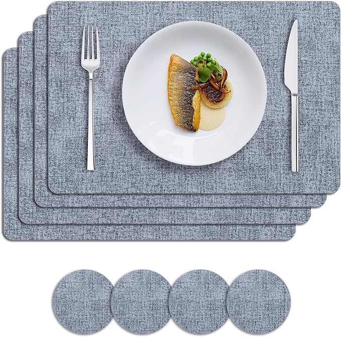 MOSAYT Placemats Set of 4, Heat Resistant Vinyl Place Mats with Coasters, 100% Waterproof Wipeable Washable Faux Leather Table Mats for Kitchen Dining Party Indoor Outdoor, 12" x 17", Sky Blue