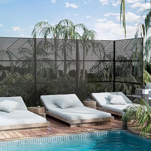 Casaphoria 72" H x 47" W Metal Outdoor Privacy Screen, Freestanding Decorative Divider for Patio, Deck, Balcony, and Garden with Stable Base, Black-Cedric