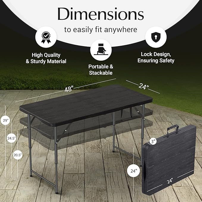 4 Feet Foldable Table Adjustable Height with Built in Handle, Steel Legs | 4FT Heavy Duty Portable | Perfect for Party Dining Wedding Events Picnic Indoor Outdoor Camping Utility Folding - 4 Foot