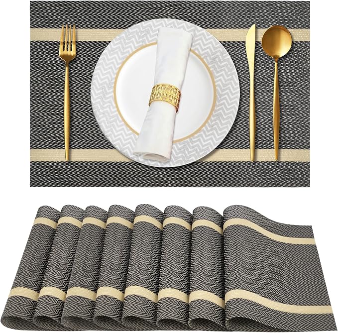 Modern Placemats Set of 8-Durable PVC Table placemats,Vinyl Woven Place Mats for Dining Table Heat Resistant Non-Slip Washable Indoor/Outdoor Table Mats (Brown)
