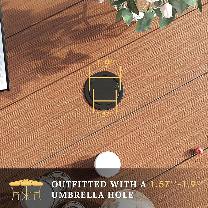 VICLLAX 60" Outdoor Round Patio Table for Lawn Garden, All Weather Metal Round Patio Dining Table with Adjustable Umbrella Hole, Oudoor Table for 8-10 Person, Walnut Wood-Like Tabletop
