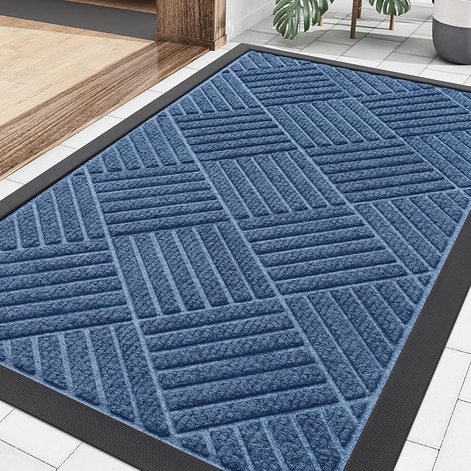 Smiry Front Door Mat Outside Entrance, Heavy Duty Outdoor Indoor Natural Rubber Doormat, Non Slip, Trap Dirt and Moisture, Easy Clean, Low Profile Patio Porch Entryway Mat, 29.5x17, Blue