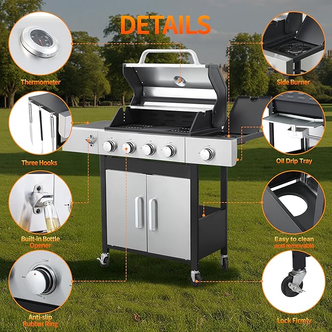 4-Burner Gas Grill, 46,790 BTU Outdoor BBQ Grill with Infrared Side Burner, Porcelain Cast Iron Grates & Stainless Steel Build for Fast Heating, Easy Clean (Backyard, Camping, Tailgating)
