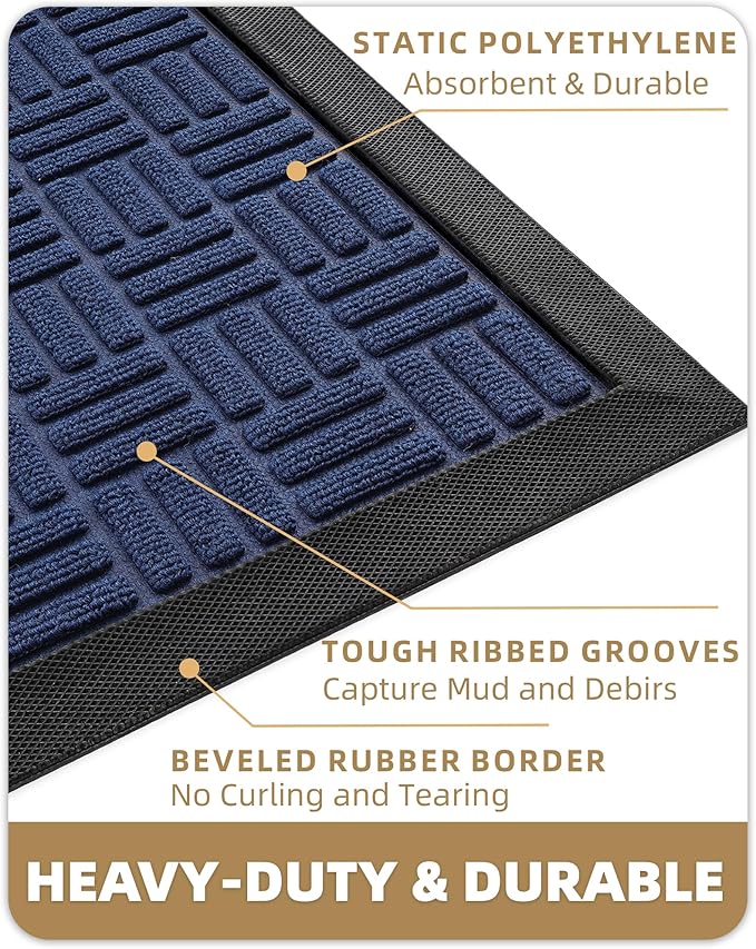 Color&Geometry Front Door Mat Outside Entrance, Heavy Duty Non Slip Low Profile Doormat for Entryway, Trap Dirt and Moisture Welcome Mats All-Weather, Easy Clean, Patio, Garage, 24"x36" Blue