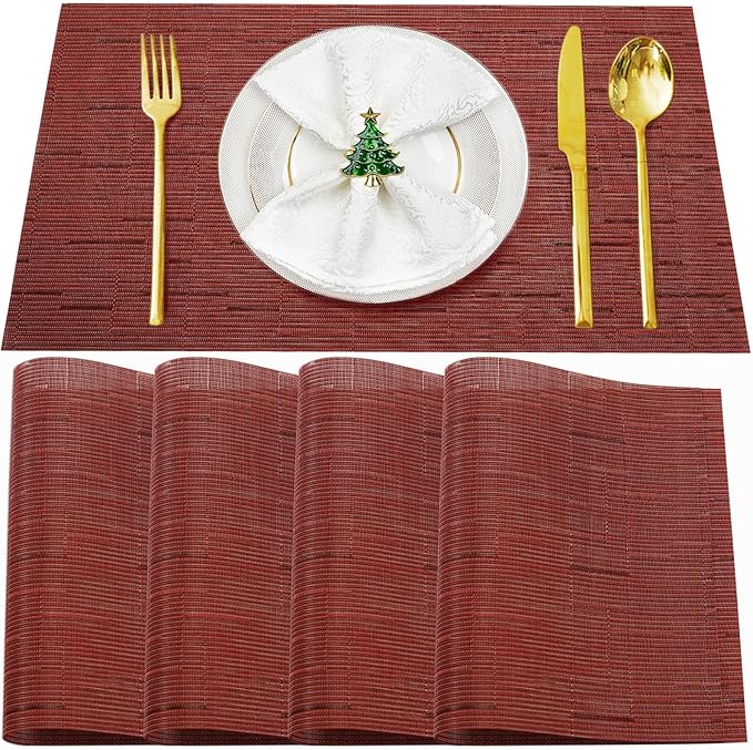 Placemats Set of 4,Washable,Heat and Stain Resistant Indoor/Outdoor Place mats,Vinyl Woven Non Slip Table Mats for Restaurant Table Protection,PVC Placemats(Red,4PCS)