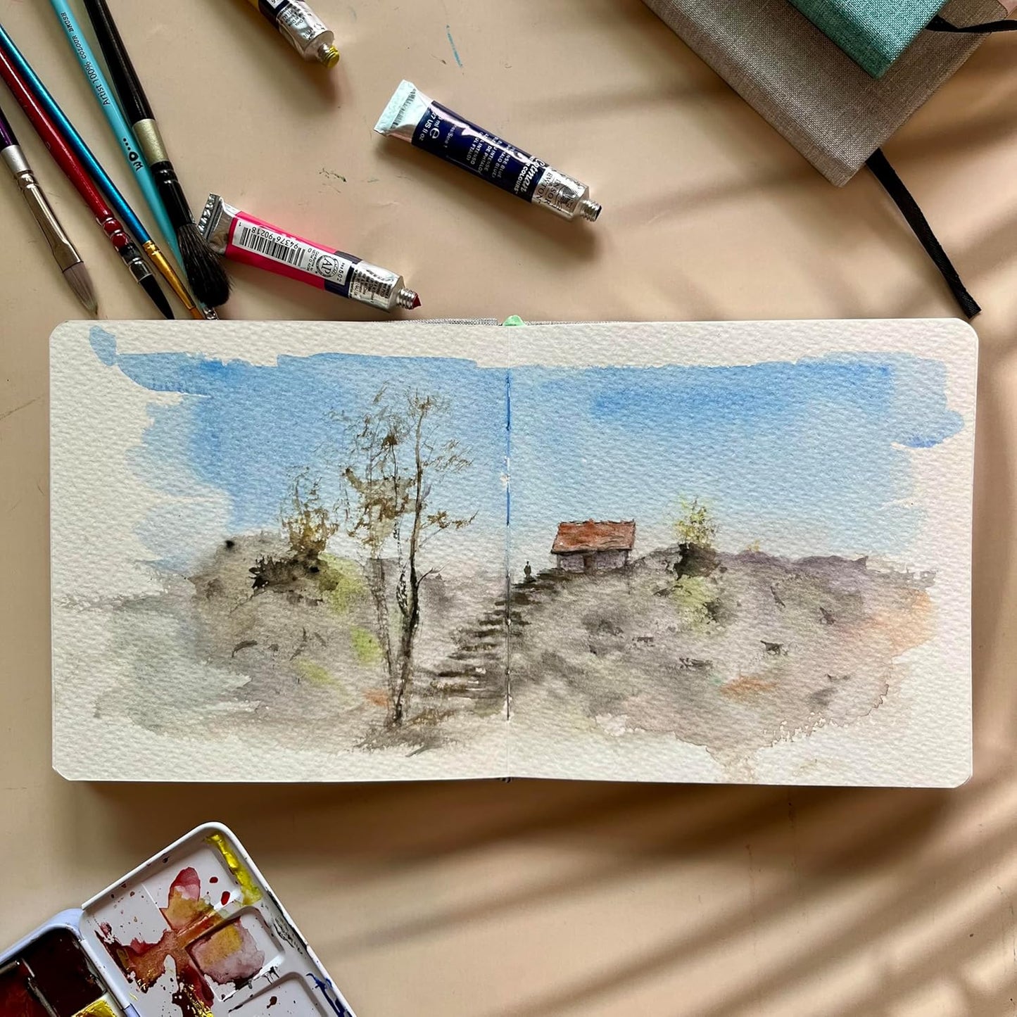 tumuarta Square Watercolor Sketchbook, 6x6, 140 LB, 300GSM, 100% Cotton Paper, Cold Press, 24 Sheets,48 Pages, Watercolor Journal for Use As Plein Air Sketch Book and Mixed Media Pad On The Go.