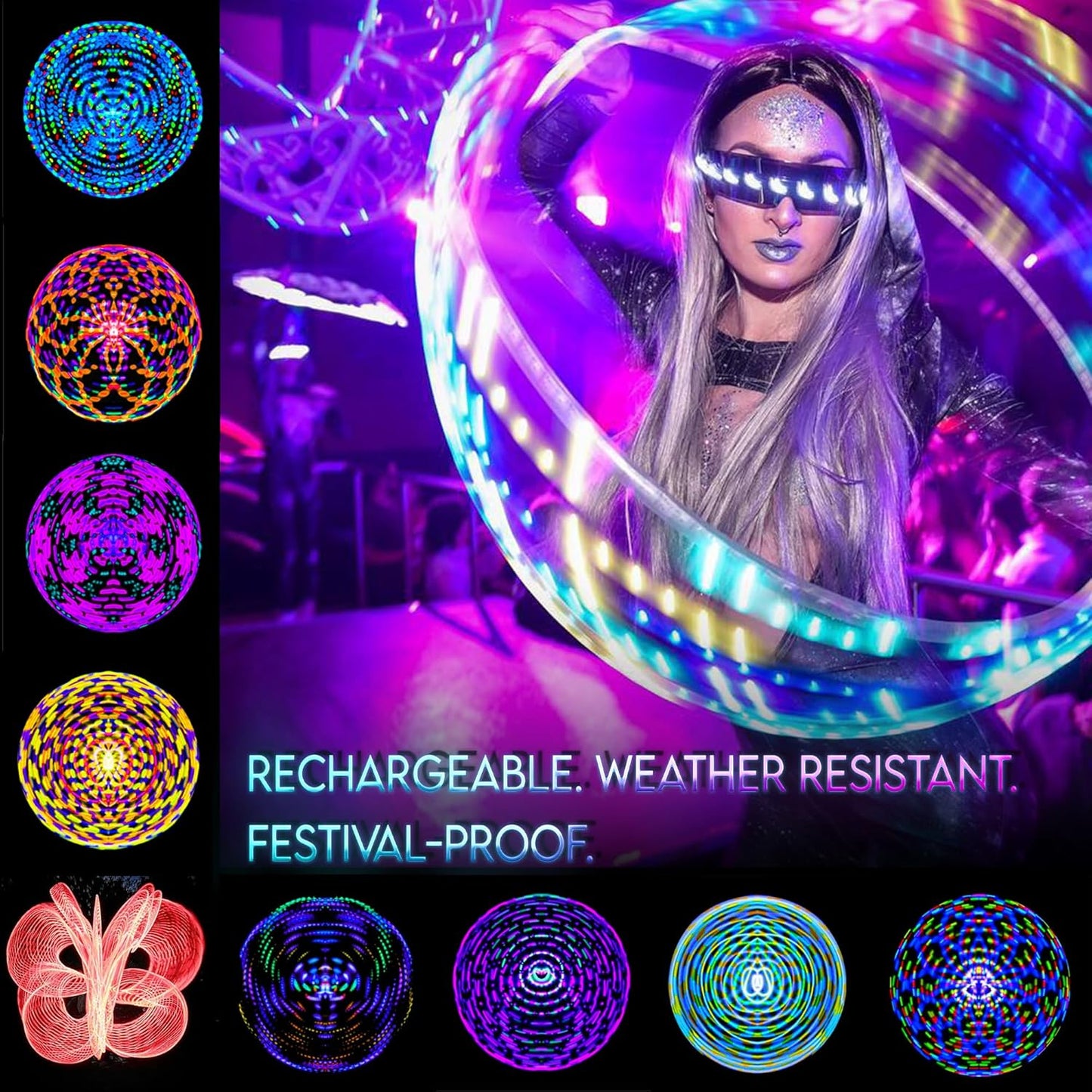 UltraHoop Remote LED Hoop - Wireless Control 60 Color Changing LED Lights w/ 300+ Modes & Patterns - Rechargeable Battery, HDPE Collapsible, Advanced to Beginner Hoola Hoops - 32” x 3/4" OD - UltraPoi