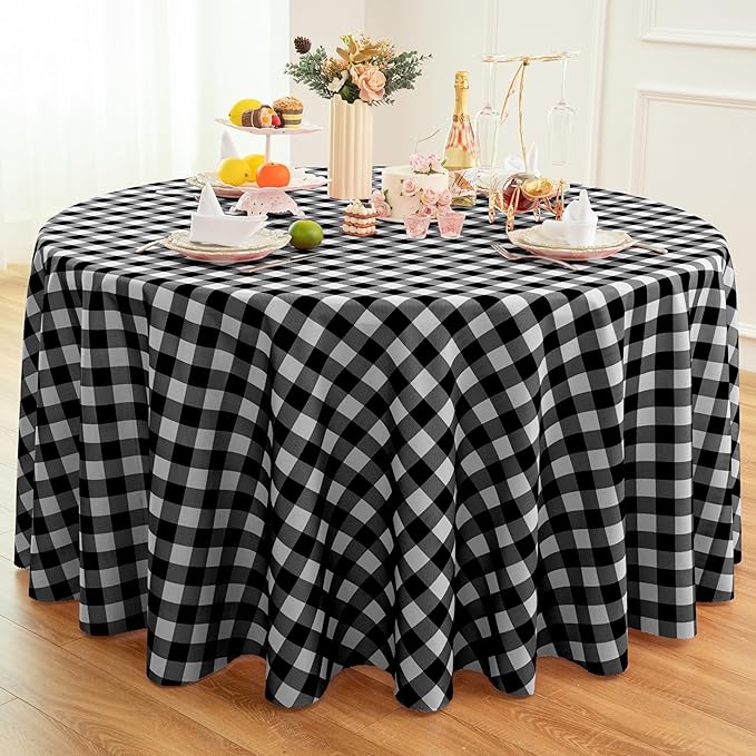 Waterproof Plaid Tablecloth Fabric - Round 120 Inch Classic Gingham Checker Table Cloth for Indoor/Outdoor Use - Buffalo Table Cover for Picnics, BBQs, and Parties