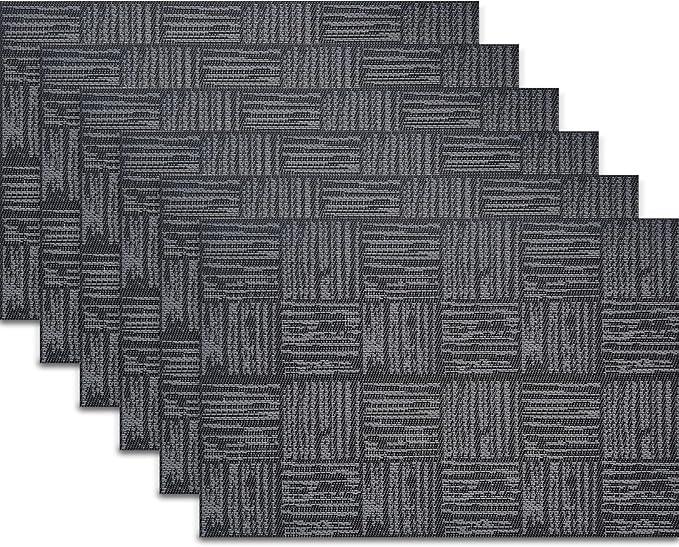 Black Placemats Set of 6, Plastic Vinyl 18" x 12" Place Mats for Dinner Table, No-Slip Wipeable Table Mats Daily Use Patio Kitchen Decoration