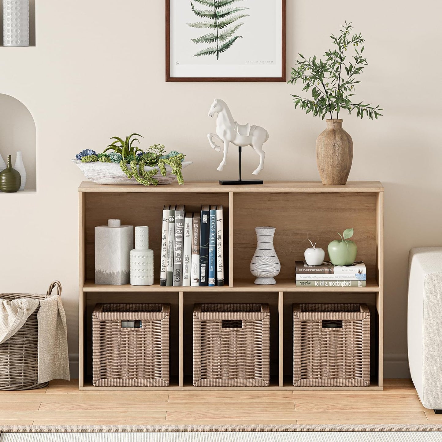 Wooden Cube Storage Organizer with Closed Back Panel, 11in Cube Shelf Opening, Bookshelf, Display Shelf,Closet Cabinet for Home and Office (White Oak, 5-Cube 35.98L*9.45W*24.09H)