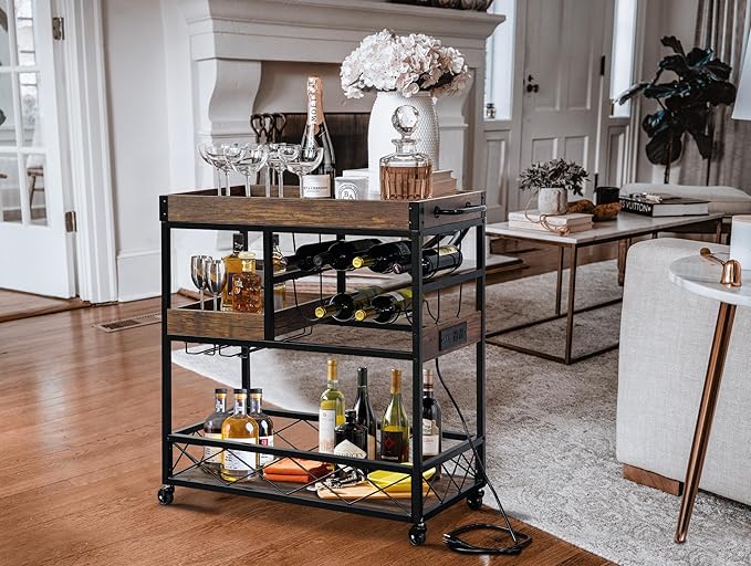 Bar Cart with Power Outlet, Industrial Kitchen Serving Cart with Wine Rack & Glass Holder, Coffee Bar Table Station with Storage, Rolling Cart on Wheels with 59IN Cord, Brown